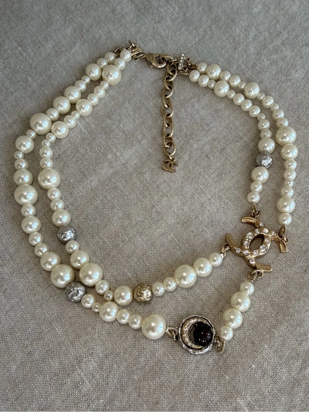 🤍CHANEL Ivory Pearl Double-Strand Necklace with Gold CC Charm✨
